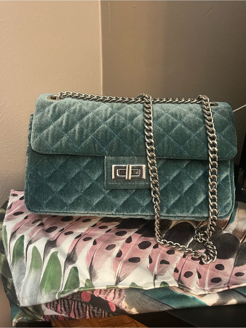 Teal Quilted Velvet Shoulder Bag with Silver Chain